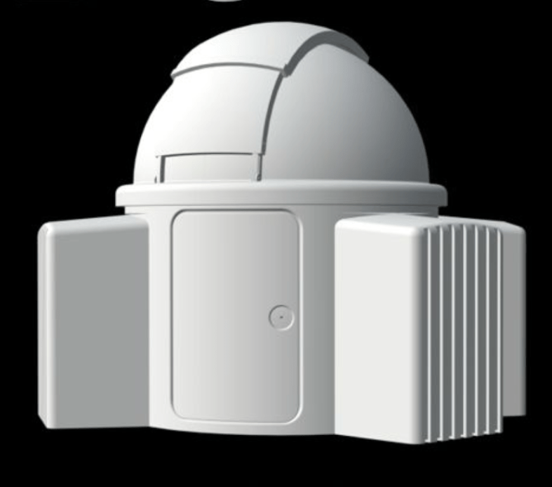 Rendering of a small, white, domed observatory on a black background. Image Credit: SkyShed Observatories.